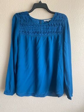 Daniel Rainn Blue Pleated Blouse Size Large Boho Long Sleeve Top